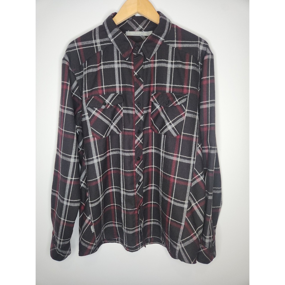 Icebreaker Lodge Flannel Shirt 100% Merino Wool Plaid Black Red Mens Large
